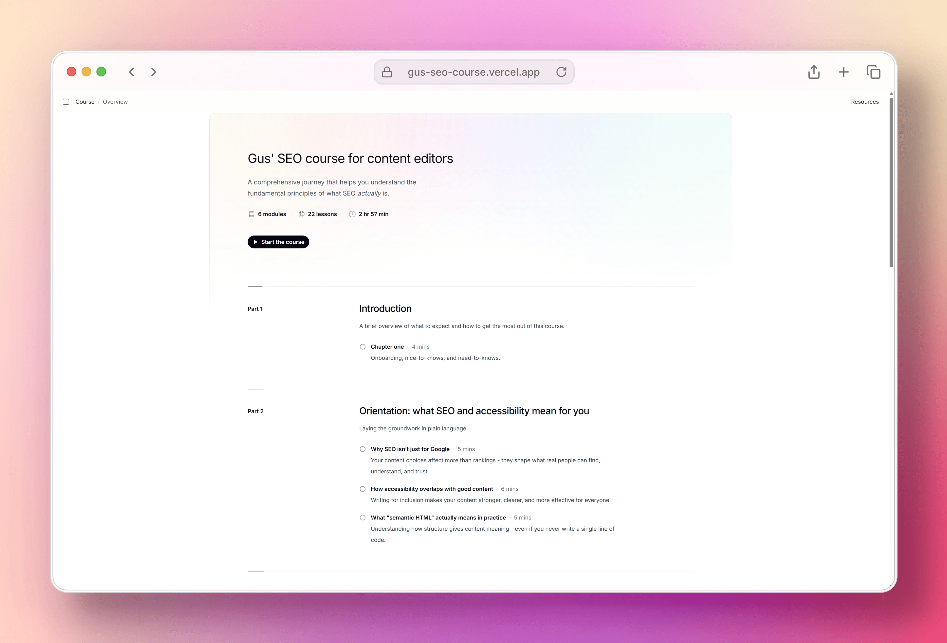 screenshot of the gus' seo course for content editors website